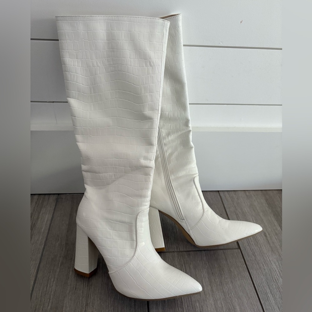 White Croc-Embossed Knee-High Boots